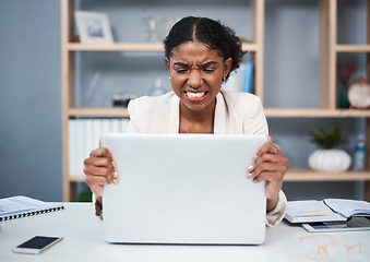 Image showing Angry woman, frustrated with laptop glitch and stress, 404 and error with connectivity or software problem. Burnout, overworked and technology fail with professional female person in crisis in office