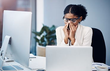 Image showing Business woman, vision problem with stress and crisis at work, corporate fatigue with headache and burnout. Professional female person with migraine, frustrated with laptop glitch and tired in office