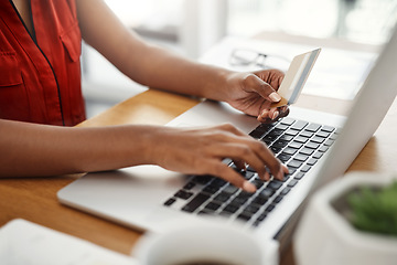 Image showing Payment, credit card and woman at laptop for online shopping, e-commerce or internet store. Closeup of female entrepreneur at desk with keyboard for banking, booking or fintech website for business