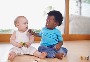 Image showing Baby, friends and building blocks on a floor while bonding, learning and playing in daycare, calm and sweet. Kids, diversity and puzzle toy for curious babies having fun with child development game