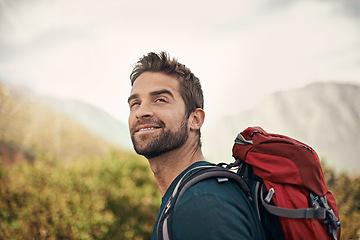 Image showing Hiking, happy and thinking with man on mountain for fitness, adventure and travel journey. Backpacking, summer and workout with male hiker trekking in nature path for training, freedom and explore