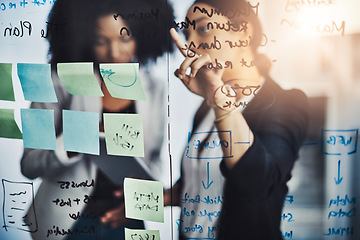 Image showing Writing, brainstorming and meeting by business women planning schedule, calendar and sticky note in office. Agenda, management and female person team collaboration for solution, strategy and mission