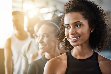 Image showing Row, smile and people at the gym for fitness, training and thinking of exercise. Happy, looking and a group of friends at a club for a workout, cardio and ideas for wellness class together as team