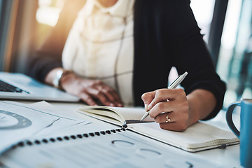 Image showing Business woman, hands and writing in a office with planning notes and corporate notebook. Female person, employee and work planner book with company paperwork and charts for professional project