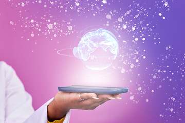 Image showing Woman, hand and phone with world hologram isolated on gradient background for worldwide network or global technology. Person in cellphone globe holographic, digital overlay and social media in studio