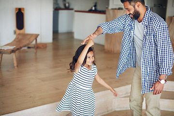 Image showing Family, father and girl dance, home and happiness with love, bonding and movement in the lounge. Male parent, female child and daughter with dad, kid and dancing for fun, playful and loving together