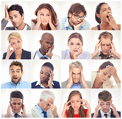 Image showing Bored, face collage or tired people with stress, headache or depression in a community group or society. Profession headshot, migraine problems or mosaic of men or women isolated on white background