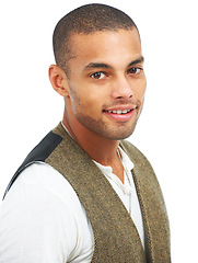 Image showing Portrait, fashion and smile with a man in studio isolated on a white background for contemporary style. Face, happy and trendy with a handsome young male model posing in stylish designer clothes