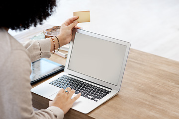 Image showing Closeup, screen and woman with a laptop, credit card and ecommerce with payment, transaction or sales. Female person, professional or employee with technology, plastic or online banking with keyboard