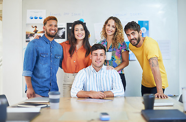 Image showing Happy, portrait and business people in office excited for startup, collaboration and partnership. Face, team and workforce with diversity in unity, confident and smiling with solidarity and support