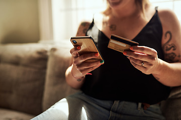 Image showing Woman hands, phone and credit card on couch for online shopping, e commerce and fintech payment, loan or finance. Person on sofa typing banking information on mobile app for home and web transaction