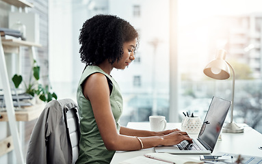 Image showing Corporate, entrepreneur and black woman with a laptop, typing and connection for website launch. Female professional, consultant and employee with a pc, technology and search internet for information