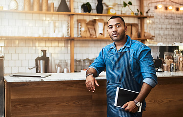 Image showing Business owner, tablet and portrait of man in cafe for online, entrepreneurship or barista startup. Network, technology or food industry for African waiter in restaurant for internet and coffee shop