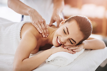 Image showing Relax, smile and massage with woman in spa for wellness, luxury and cosmetics treatment. Skincare, peace and zen with female customer and hands of therapist for physical therapy, salon and detox