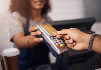 Image showing Credit card machine, cafe and hands of customer for b2c shopping, point of sale transaction and finance. Closeup, nfc and contactless payment in coffee shop at cashier, rfid technology and services