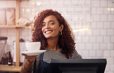 Image showing Happy woman, barista and serving cup in coffee shop, restaurant and cafeteria store of food service industry. Waitress, server and giving order for tea, catering drinks and smile in small business