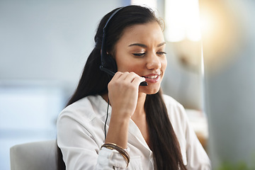 Image showing Communication, microphone or woman in call center consulting, speaking or talking at customer services. Virtual assistant, friendly or sales consultant in telemarketing or telecom company help desk