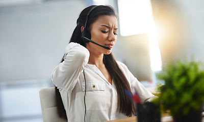 Image showing Stress, customer service or woman in call center with back pain injury while working in telecom help desk. Accident, injured agent or tired sales girl with joint pain emergency, fatigue and burnout