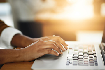 Image showing Hands, office or woman typing on laptop working on business project or online research at desk. Person, closeup or female worker copywriting on startup blog report or internet article with keyboard