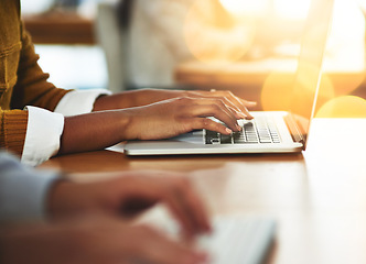 Image showing Hands, coworking or woman typing on laptop networking on business project or online research at office desk. Person, closeup or worker copywriting on blog report or internet article with keyboard