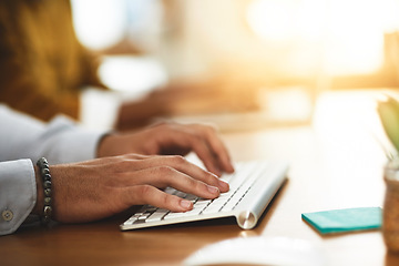 Image showing Hands, keyboard or man typing on computer networking on business project or online research at office desk. Person, coworking or closeup of worker copywriting on blog report or internet article