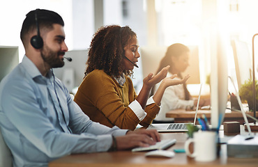 Image showing Coworking, talking or woman in call center consulting, speaking or explaining at customer services. Virtual assistant, online agents or sales consultant in telemarketing or telecom company help desk