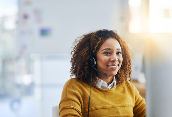 Image showing Virtual assistant, crm or happy woman in call center consulting, speaking or talking at customer services. Communication, friendly or sales consultant in telemarketing or telecom company help desk