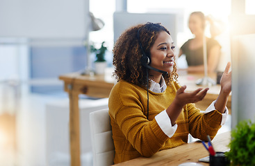 Image showing Virtual assistant, consultant or happy woman in call center consulting, speaking or talking at customer services. Virtual assistant, friendly or sales agent in telemarketing or telecom help desk