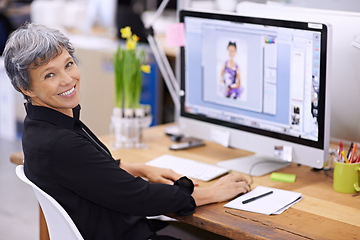 Image showing Senior woman at desk, computer screen and smile in portrait, editor at magazine and editing image with software for publication. Professional female with creativity and editorial career with design