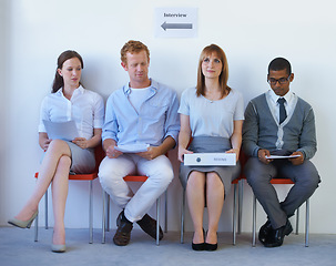 Image showing Cv, recruitment and business people in line for job interview, hiring and waiting in a room. Human resources, meeting and candidates in a row in office for onboarding process at a startup company