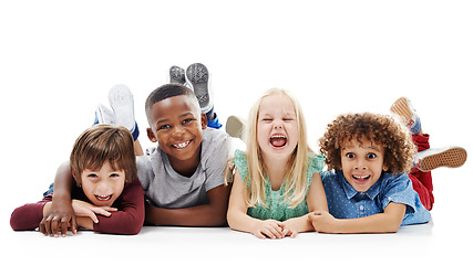 Image showing Diversity, portrait of happy children and smiling together in a white background. Happiness or excited, group of friends and multiracial kids and faces have fun, laugh and lay on a isolated studio