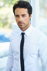 Image showing Serious, corporate and professional with a business man in a modern office at work for success. Portrait, window or career and a handsome young male employee standing in his workplace with ambition