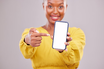 Image showing Phone screen, pointing and portrait of woman isolated on studio background, mobile app and advertising mockup. African person or online user on cellphone mock up, website space or social media design