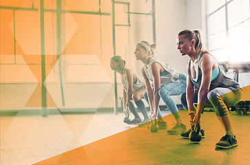 Image showing Women, fitness and gym for kettlebell exercise, workout or training. Athlete group or team together to lunge for strong muscle, legs or power challenge at wellness club or class with a mockup overlay