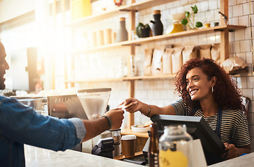 Image showing Credit card, cafe and happy woman with customer, payment and ecommerce transaction for sales service, pos and banking. Coffee shop, point of sale and waitress in trade, b2c shopping and easy finance