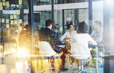 Image showing Business meeting, overlay and people in office for teamwork, planning and brainstorming ideas. Double exposure, collaboration and person team in discussion for networking mission, startup and goal