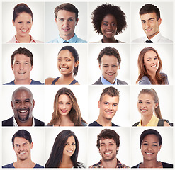 Image showing Headshot, face collage or portrait of happy people in a community, mulitcultural group with diversity. Studio montage, girl student or mosaic of men or women smiling isolated on white background