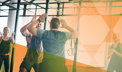 Image showing Fitness, men and high five to celebrate success at gym with group in class for power challenge or motivation. Athlete people together at club for training, exercise goals and celebration with overlay