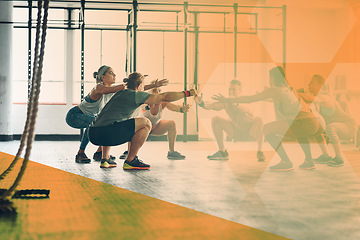Image showing Fitness people, gym and group squat exercise, workout and training in class. Sports men and women together for power challenge, commitment or strong muscle at health and wellness club with overlay