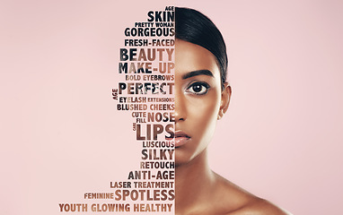 Image showing Portrait, beauty words and woman isolated on pastel pink background for skincare, self love or cosmetics promotion. Face of indian person or model in natural makeup, skin care or motivation in studio