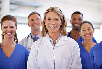 Image showing Healthcare, portrait of medical team smiling and in hospital building. Teamwork or collaboration, happy medicine staff together and group of woman doctors or nurses in clinic or workplace.