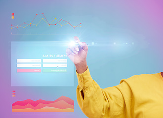 Image showing Payment, hologram design and woman hand isolated on studio background of website application and futuristic technology. Touchscreen, person finger and online shopping, registration or website overlay