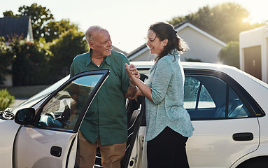 Image showing Car, help and caregiver with senior man for assisted living, retirement care and rehabilitation. Travel, transportation and happy woman helping elderly male person from motor vehicle for service