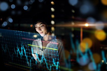 Image showing Business woman, tablet and dashboard at night of stock market, trading or graph and chart data at office. Female trader or broker working late on technology checking trends, analytics or statistics