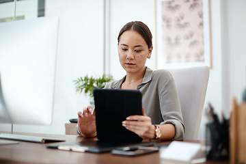 Image showing Tablet, computer and business woman in office for website analysis, online management and technology solution. Planning, typing or scroll of asian person, worker or employee on digital technology app