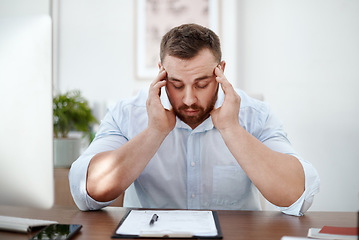 Image showing Documents, headache and business man in office with career burnout, mental health risk and paperwork. Brain fog, problem or pain of tired person or employee with fatigue and stress for writing notes