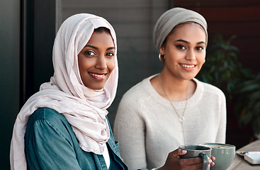 Image showing Friends, portrait and muslim with women in cafe for drink, food and social. Happy, relax and culture with arabic female customer in Dubai restaurant for lunch, happiness and coffee meeting