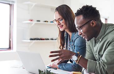 Image showing Team at startup, laptop and video call with partnership, virtual meeting and people working together in workplace. Black man, woman and strategy discussion seminar on pc, teamwork and communication