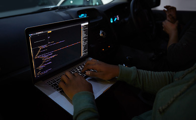 Image showing Hacker, code and laptop with person in car for ransomware, cyber security and phishing. Coding, technology and crime with hands of programmer in vehicle for fraud, network system and data at night