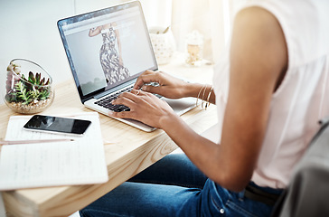 Image showing Computer screen, planning and woman hands at desk for creative planning, fashion startup and online creativity closeup. Clothes, inspiration and person typing on technology, laptop and website design